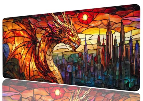Dragon Desk Mat Gaming Desk Pad Large Mouse Keyboard Pad Stained Glass Style Dragon Fantasy City Desktop Mats Computer Keyboard Pad Mouse Mat Laptop Mat Office Home Decor 31.5" x 11.8" - color: Dragon, size: 31.5L x 11.8W inches