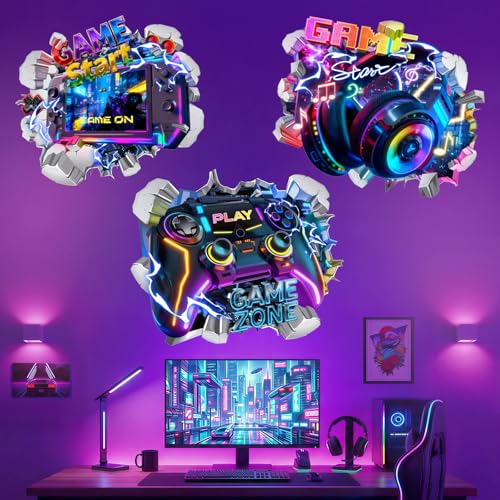 Peelora 3D Gaming Wall Stickers Colorful Gamer Controller Video Game Joystick Headphones Wall Decals Boy Kids Bedroom Teenagers Playroom Home Decor Stickers