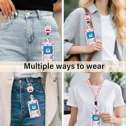 Cherry Badge Holder with Lanyard, Beautiful Bow ID Badge Holder with Retractable Reel Clip and Keychain for Bow Lover, Vertical Identity Card Cover Case Protector for Women Nurse Teacher - color: Cherry-pink