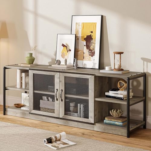 IDEALHOUSE Farmhouse TV Stand for 75/80 inches TVs, Entertainment Center with Storage Cabinet, Industrial Media Console Cabinet Table, Living Room Media Furniture, Grey - color: Farmhouse Grey, size: 71'' Farmhouse