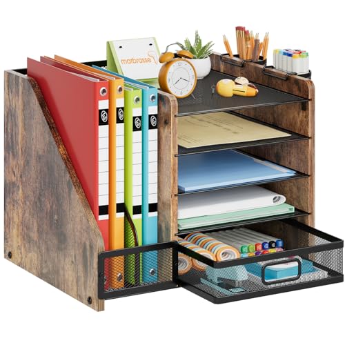 Marbrasse Desk Organizer with File Holder, 5-Tier Paper Letter Tray Organizer with Drawer and 2 Pen Holder, Mesh Desktop Organizer and Storage with Magazine Holder for Office Supplies (Wood-Brown) - color: Wood-Brown