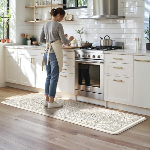 KIMODE Anti Fatigue Kitchen Mats, Padded Kitchen Floor Mats 24"x71", Boho Vintage Kitchen Runner Rugs, Light Grey Rugs for Kitchen Floor, Cushioned Standing Mat for Laundry Office Sink Desk - color: Light Grey/Multi, size: 71"L x 24"W x 0.5"Th