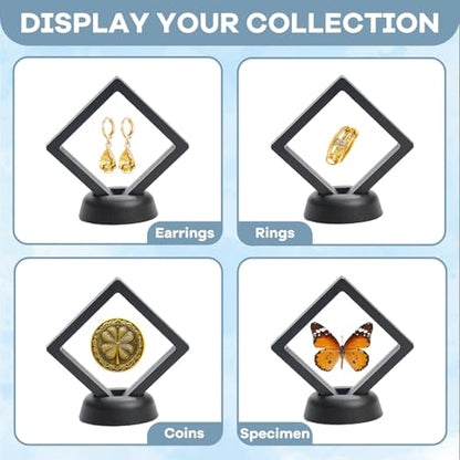 12Pcs 3D Floating Display Case Jewelry Storage Box, 3.5in Black | Clear Film, Plastic Frame, Challenge Coin Holder, For Shark Tooth Fossil Rock Gem Shell Butterfly Specimen - size: 3.5×3.5×0.8 inches