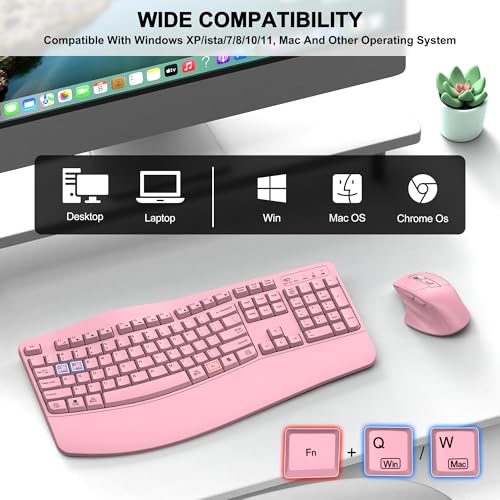 Wireless Keyboard and Mouse Combo, 2.4G Full Size Wave Keys Ergonomic Keyboard with Wrist Rest and 3-Level DPI Adjustable Wireless Ergonomic Mouse for Windows, Mac OS Desktop/Laptop/PC(Pink) - color: Pink
