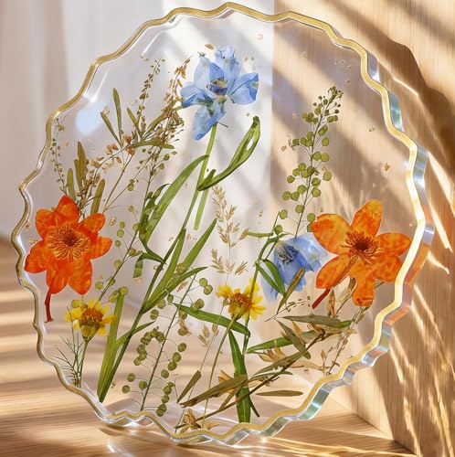 Oqplog Resin Drink Coaster for Desk Coffee Table-Blue Orange Cute Dried Flowers Cup Coaster for Work Office Home Outdoor Decor Gifts for Girls Women,1 Pcs Wave - color: Blue-orange