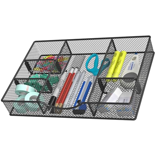 VyGrow Desk Drawer Organizer Tray, Metal Mesh Drawer Organizers Office, 6 Adjustable Compartment, Desk Organizer Tray for Home Office 12 x 8.26 x 1.96 inch, Black, 1 Pack - color: 1PC Small