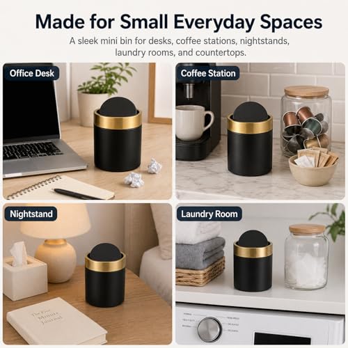 Mini Trash Can with Lid, Small Metal Desktop Trash Bin with Swing Lid, 1.5L / 0.4 Gal Countertop Waste Bin for Desk, Vanity, Bathroom, Coffee Bar and Office, Black - color: Black