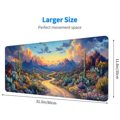 Cactus Desert Mouse Pad Large Sunset Mountain Wildflower Road Illustration Mousepad XL Large Gaming Mouse Pad Laptop Keyboard Mat Desk Pad 31.5x11.8 Inch - color: Cactus Desert