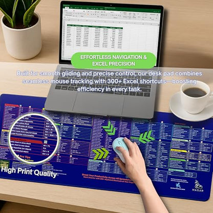 Excel Shortcut Desk Pad 85×32 cm – 300+ Keyboard Shortcuts for Windows & MAC | Large Waterproof Office Desk Mat, Non-Slip Rubber Base, Stitched Edges – NAGAR