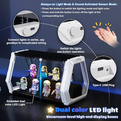 Space Capsule Acrylic Display Case for Collectibles, 2-Tier Anime Figure Display Box with LED Lights & Sound Activated, Magnetic Door, No Assembly, Stackable(Black Step Style, 14.1x8.2x8.2In) - size: Black & White（14.1 x 8.21 x 8.21 inches）
