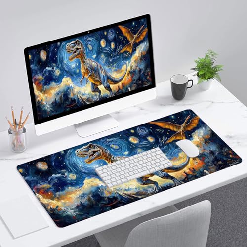 Dinosaur Gaming Mouse Pad Oil Painting Night Sky Dreamy Extended Mousepad Waterproof Stitched Edges Rubber Base Non-Slip Deskmap Computer Keyboard Mat Office Computer Keyboard Laptop 31.5x11.8 Inch - color: Dinosaur, size: 31.5" x 11.8"