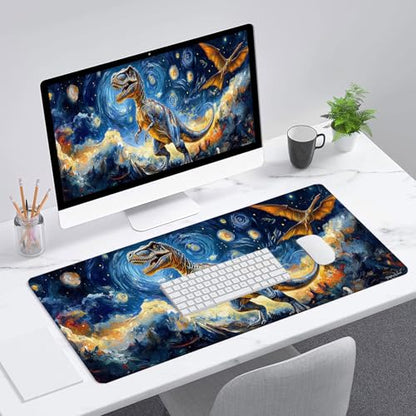 Dinosaur Gaming Mouse Pad Oil Painting Night Sky Dreamy Extended Mousepad Waterproof Stitched Edges Rubber Base Non-Slip Deskmap Computer Keyboard Mat Office Computer Keyboard Laptop 31.5x11.8 Inch - color: Dinosaur, size: 31.5" x 11.8"