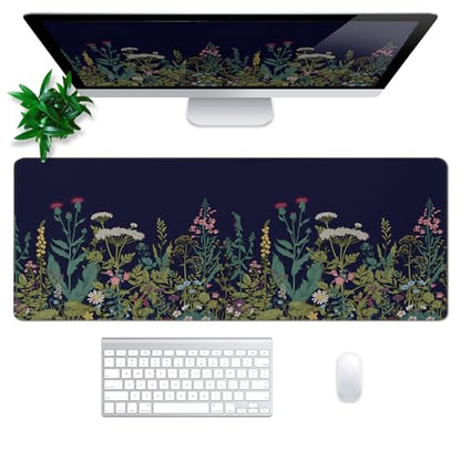 Wildflower Mouse Pad Abstract Black Mouse Pad 31.5x11.8 Inch Flower Texture Non-Slip Rubber Base Large Mousepad Stitched Edges Keyboard Mouse Mat Desk Pad for Office and Home - color: Wildflower