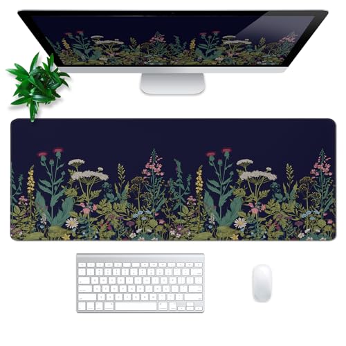 Wildflower Mouse Pad Abstract Black Mouse Pad 31.5x11.8 Inch Flower Texture Non-Slip Rubber Base Large Mousepad Stitched Edges Keyboard Mouse Mat Desk Pad for Office and Home - color: Wildflower