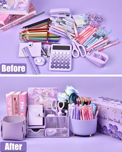 LXEVIHK 21Pcs Purple Desk Organizers and Accessories With Mesh Desk Organizer and 360°Rotating Pen Holder and a Lot of Office Purple Office Supplies Beautifully Presented in a Gift Box - color: purple