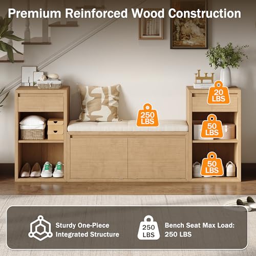 JIJIWANG 77.48" W Entryway Storage Bench with Cushion, 4-in-1 Hallway Bench with Drawers, Compartments and Open Shelves, Mudroom Bench for Shoes and Storage, Brown - color: Brown