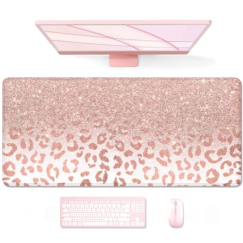 Auhoahsil Large Mouse Pad, XXL Desk Pad, Extened Mousepad 31.5" x 11.8", Non-Slip Rubber Base, Stitched Edges, Superior Surface, Gaming Keyboard Mat, Waterproof Desk Pad, Pink Gold Leopard - color: 10 Pink Gold Leopard, size: XL - 11.8 x 31.5 Inches