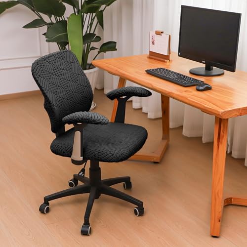 4 Pieces Split Office Chair Cover Large for Desk Chair Back and Seat with Armrest Covers Jacquard Stretch Black Office Chair Slipcovers Set Washable - color: Jacquard L-black, size: Large