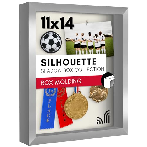 Americanflat 11x14 Shadow Box Frame with Shatter-Resistant Glass - Silhouette Collection - Large Shadow Box Display Case for Tabletop and Wall Display - Silver with Soft Felt Back - color: Silver, size: 11x14