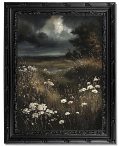 Dark Moody Landscape Framed Wall Art, Vintage Gothic Wildflower Meadow Canvas Print with Ornate Black Carved Frame, Dark Academia Aesthetic Wall Decor for Bedroom Living Room Halloween - color: Landscape, size: 11"L x 9"W