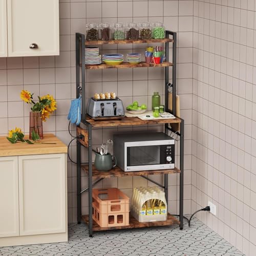 Luckyeestar Kitchen Baker’sRack Coffee Bar - Metal Storage Shelf for Microwave, Spice Organizer, Freestanding Kitchen Cart with Hooks,25 inch with Power Outlet - size: 5-Tier 25 inches
