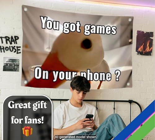 3x5 Feet Funny Polyester Duck Flag with Quote "You Got Games On Your Phone?" with Four Brass Grommets - Single Sided Funny Tapestry Wall Flags for Decor College - Duckling Meme Flag for Bedroom