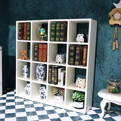 Miniature Furniture Storage Rack 1/12 Dollhouse Furniture 16 Grid Shelf Bookshelf Display Shelf Wall Rack Stand Mini House Scene Decoration (White) - style: White