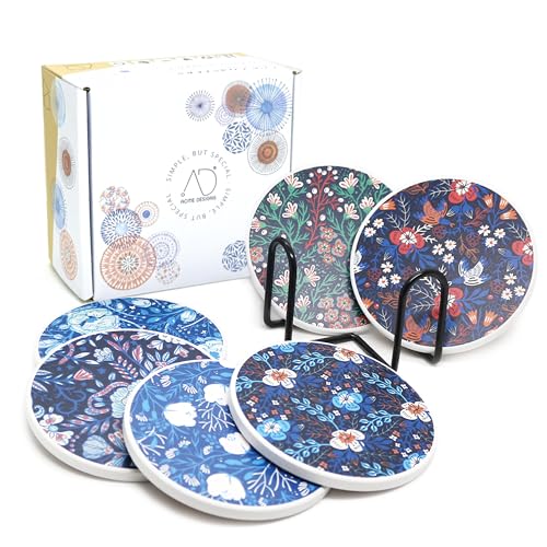 AD Set of 6 Coasters for Drinks Absorbing Round Ceramic Stone Coaster with Cork Base,Tabletop Protection Mat for Mugs and Cups,Office,Kitchen (Dark Garden with Holder) - style: Dark Garden with Holder