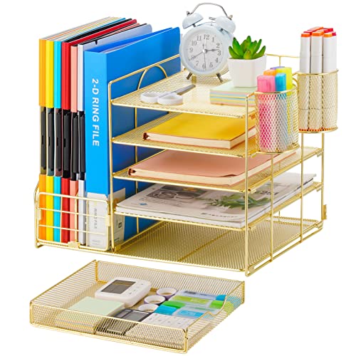 Marbrasse Rose Gold Desk Organizer with File Holder, 5-Tier Paper Letter Tray Organizer with Drawer and 2 Pen Holder, Mesh Desktop Organizer and Storage with Magazine Holder for Office Supplies - color: Gold