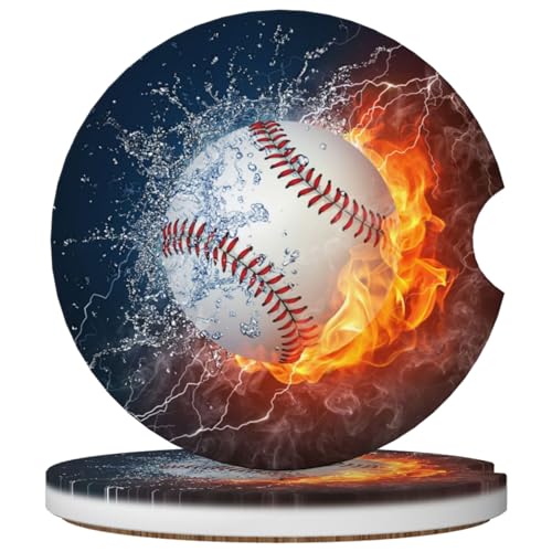 2 Pack Car Cup Holder Baseball Coasters Absorbent Ceramic Coaster for Cup Holders Fashion Car Interior Accessories for Men Drink Coaster for Women - color: Baseball Water and Fire