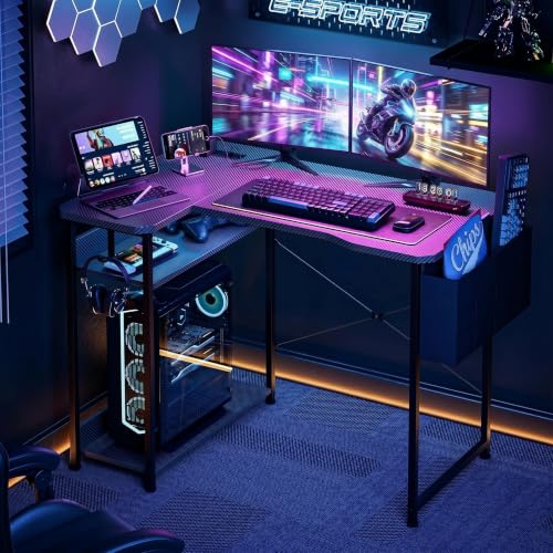 Acrolix L Shaped Gaming Desk 55 Inch - Computer Corner Desk with Power Outlets, Reversible Shelves & Storage Bag for Home Office, PC Gaming Table, Black Carbon - color: Black Carbon, size: 55inch-L shaped