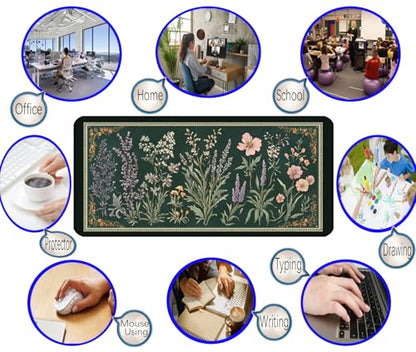 Deep Green Retro Desk Pad, Plant Flower Mouse Pad XXL, Large Gaming Mouse Mat, Laptop Pad, Desktop Protective Pad, Computer Mats with Stitched Edges, Women Office Desk Accessory 31.5"X15.7" - color: Green Lavender