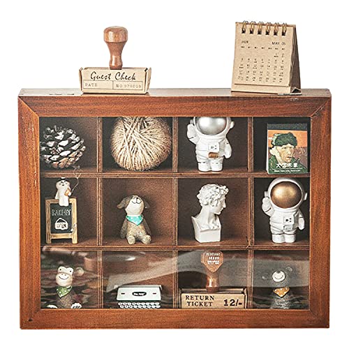 Mini Clear Display Wood Cabinet with 12 Slots - 10" x 15.5" Collectibles Display Case - Wooden Floating Shelves for Display & Home Decor - Vintage Style Wood Cubby Shelf with Front Clear Cover