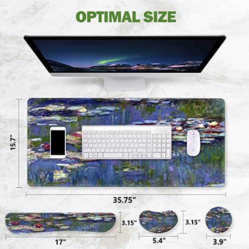 ToLuLu Extended Gaming Mouse Pad, Memory Foam Ergonomic Keyboard Mouse Wrist Rest Support Set, Large Desk Mat with Stitched Edges, Non-Slip Base Mousepad for Home Office Game, Monet Water Lilies - color: Monet Water Lilies