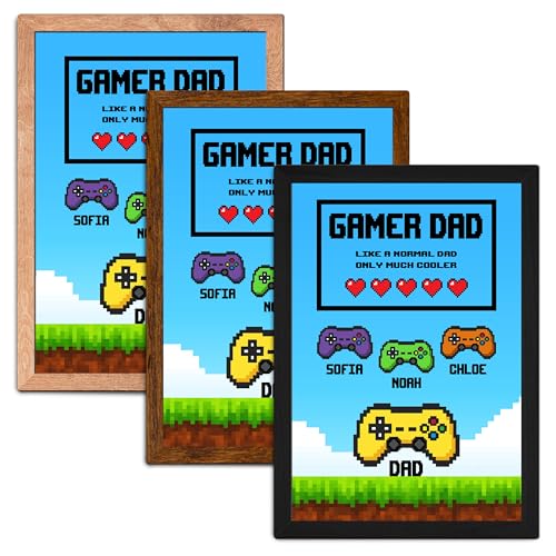 Personalized Gamer Dad Sign with Kids Names, Custom Gift for Father’s Day from Kids, Gaming Wall Art for Dad, Engineered Wood Gaming Room Decor, Frame Color Options, 3 Sizes - color: Gamer Dad Sign