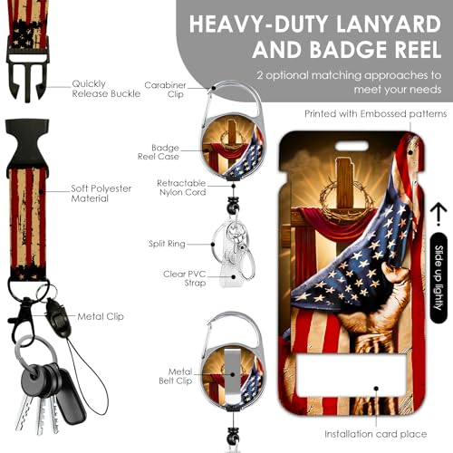 American Flag Lanyards ID Badge, USA Flag ID Badge Holder with Retractable Reel Clip and Keychain, Vertical Heavy Duty Identity Badge Cover Case Protector for Teacher Nurse Gifts for Christmas - color: Nationalflag2-red