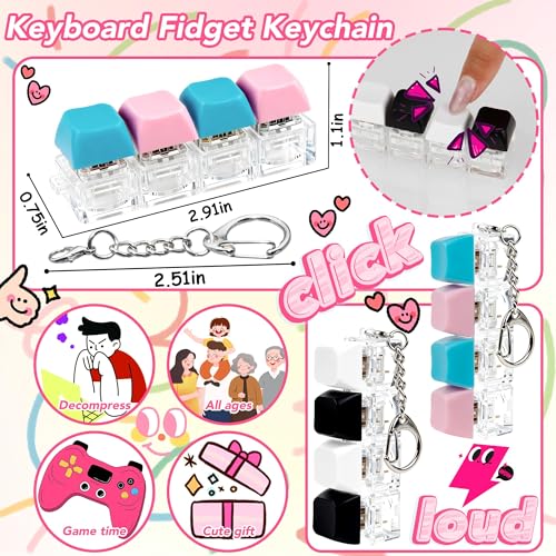 2 Pcs 4 in 1 Keyboard Fidget Toy Keychain, Clicky Button Toy Stress Relief Keychain with Swappable Keycaps, Mini Mechanical Key Fidget for Office Desk Focus Gifts (Blue Pink Black White) - color: Blue Pink Black White