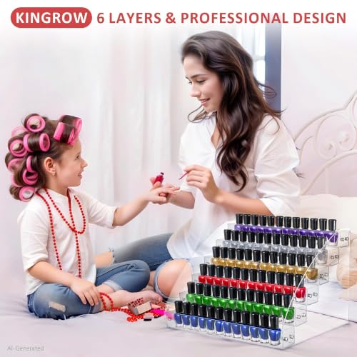 KINGROW Nail Polish Organizer Durable Easy Install Holds up to 96 Bottles | Durable acrylic rack, sturdy and easy to install.Versatile storage for polish, oils, glasses, and ink.Fits 1-2oz bottles - size: 6 Layers