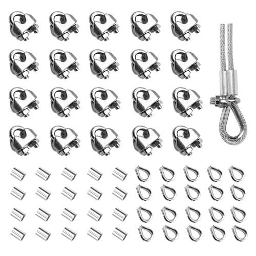 60PCS 1/8 Inches M3 Stainless Steel Wire Rope Cable Clip Clamp & M3 Thimble & M3 Aluminum Crimping Loop Sleeve (3 Styles 20PCS Each), Cable Clamp Fasteners for 1/16"-1/8" Wire Rope for Outdoors - size: 60pcs-M3(1.5mm-3mm)