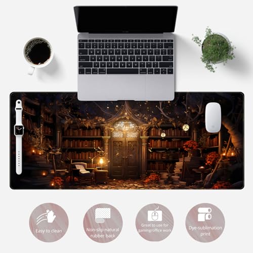 Vintage Desk Pad Magical Bookshelf Desk Mat Extra Large Big Office Mouse Pad Gaming with Stitched Edges Large Mousepad Home Office Gaming Work Computers Laptop Desk Accessories 31.5x11.8in - color: C-gothic Study