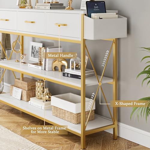 HITHOS 47.2" Console Table with 3 Drawers, Narrow Long Entryway Table with 3-Tier Storage Shelves, Industrial Sofa Foyer Table for Living Room, Hallway, Entry Way, Foyer, Kitchen, White/Gold - size: 47.2"