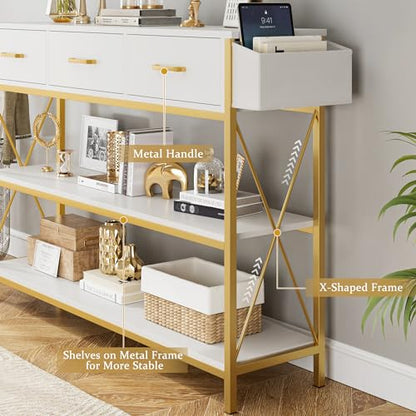 HITHOS 47.2" Console Table with 3 Drawers, Narrow Long Entryway Table with 3-Tier Storage Shelves, Industrial Sofa Foyer Table for Living Room, Hallway, Entry Way, Foyer, Kitchen, White/Gold - size: 47.2"