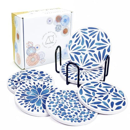 AD Set of 6 Coasters for Drinks Absorbing Round Ceramic Stone Coaster with Cork Base,Tabletop Protection Mat for Mugs and Cups,Office,Kitchen (Indigo Blue with Holder) - style: Indigo Blue with Holder
