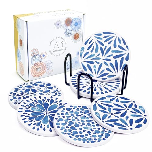 AD Set of 6 Coasters for Drinks Absorbing Round Ceramic Stone Coaster with Cork Base,Tabletop Protection Mat for Mugs and Cups,Office,Kitchen (Indigo Blue with Holder) - style: Indigo Blue with Holder
