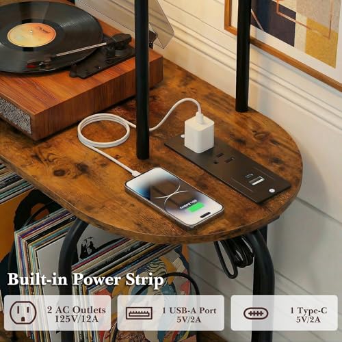 Faesun Record Player Stand with Storage, 5-Tier Turntable Stand with Charging Station, CD Storage with Adjustable Book Stoppers, for CDs, Vinyl Records, Books, Games, for Living Room, Bedroom, Rustic