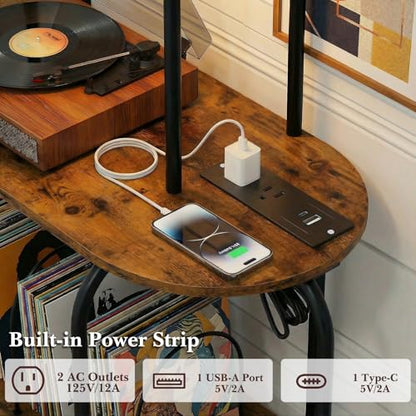 Faesun Record Player Stand with Storage, 5-Tier Turntable Stand with Charging Station, CD Storage with Adjustable Book Stoppers, for CDs, Vinyl Records, Books, Games, for Living Room, Bedroom, Rustic