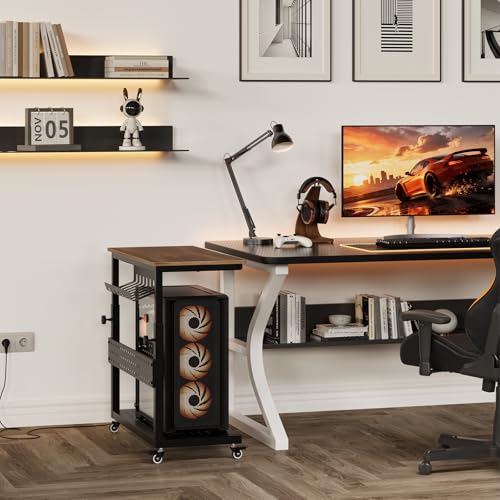 Garvee Computer Tower Stand, 2-Tire PC Stand with Rolling Wheels, Line Storage Rack, Adjustable Under Desk PC Cart, Mobile Rolling CPU Holder Cart for Home Office Gaming, Brown