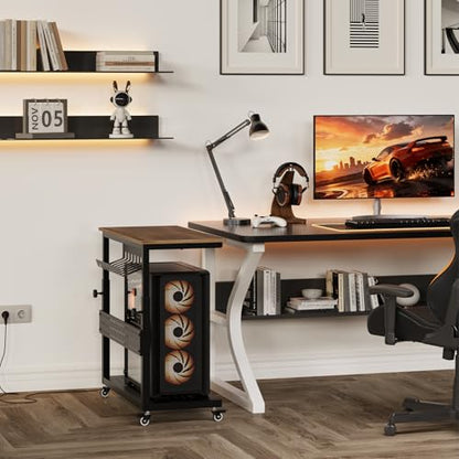 Garvee Computer Tower Stand, 2-Tire PC Stand with Rolling Wheels, Line Storage Rack, Adjustable Under Desk PC Cart, Mobile Rolling CPU Holder Cart for Home Office Gaming, Brown