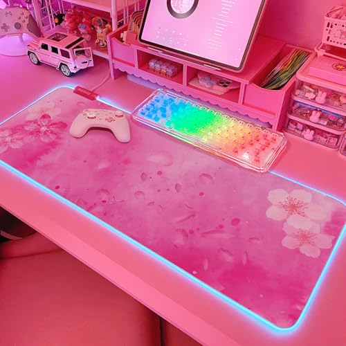 JMIYAV RGB Cherry Blossom Gaming Mouse Pad Pink 31.5x12 Inch PC XL Large Extended Glowing Led Light Up Desk Pad Non-Slip Rubber Base Computer Keyboard and Mouse Pad Cute Mousepad - color: P-pink Flowers