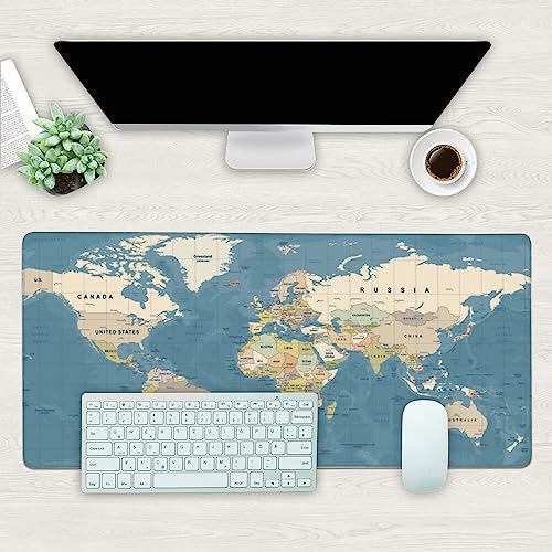 Desk Mat, Blue Vintage World Map Extended Gaming Mouse Pad Large, 35.4"x15.7" Big Mouse Pad with Non-Slip Base and Stitched Edge, Long Computer Keyboard Mouse Mat for Home Office Work - color: Blue Vintage World Map, size: 15.7" x 35.4"